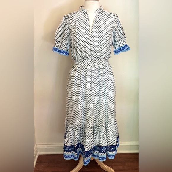 J. Crew Dresses & Skirts - J.Crew Smocked V-Neck Short Sleeve Ruffle Long Dress In Cotton Voile Size Medium